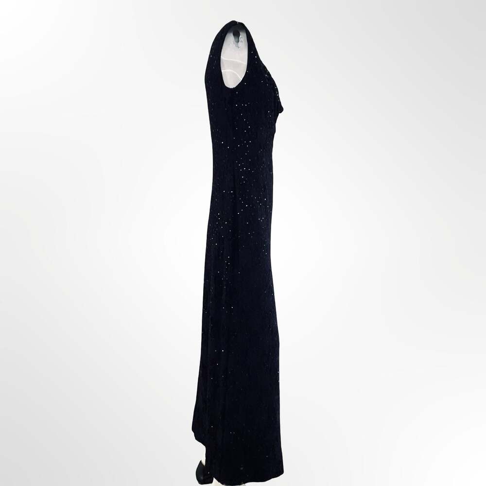 Connected Apparel Women's Navy Sequin Lace Cowl Neck Sleeveless Gown - Picture 3 of 7
